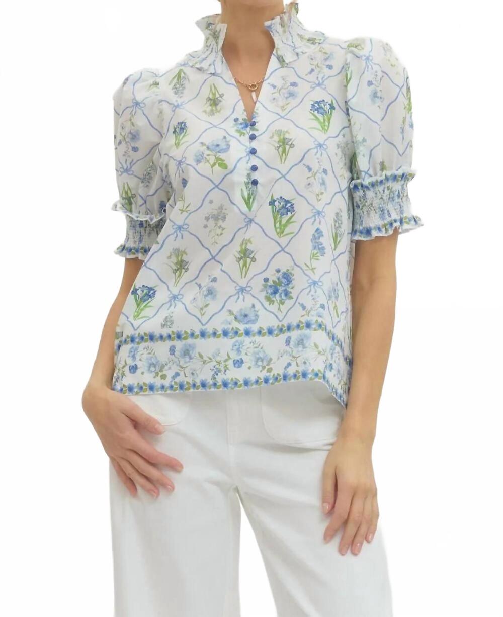NEW ENTRO botanical print short puff sleeve top in blue